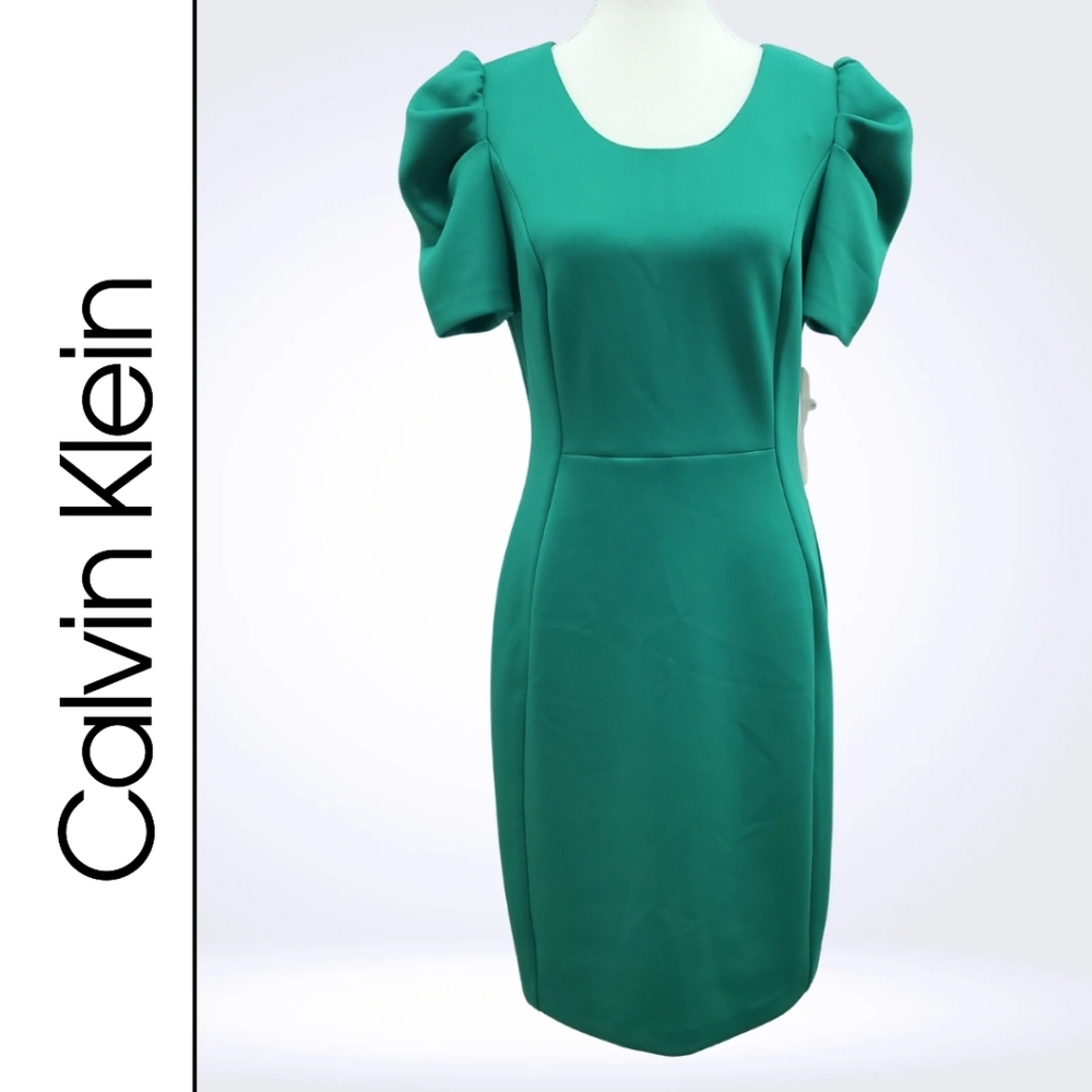 NEW Calvin Klein Women's Midi Dress Tulip Sleeve Green Crewneck Back Zip Size 8